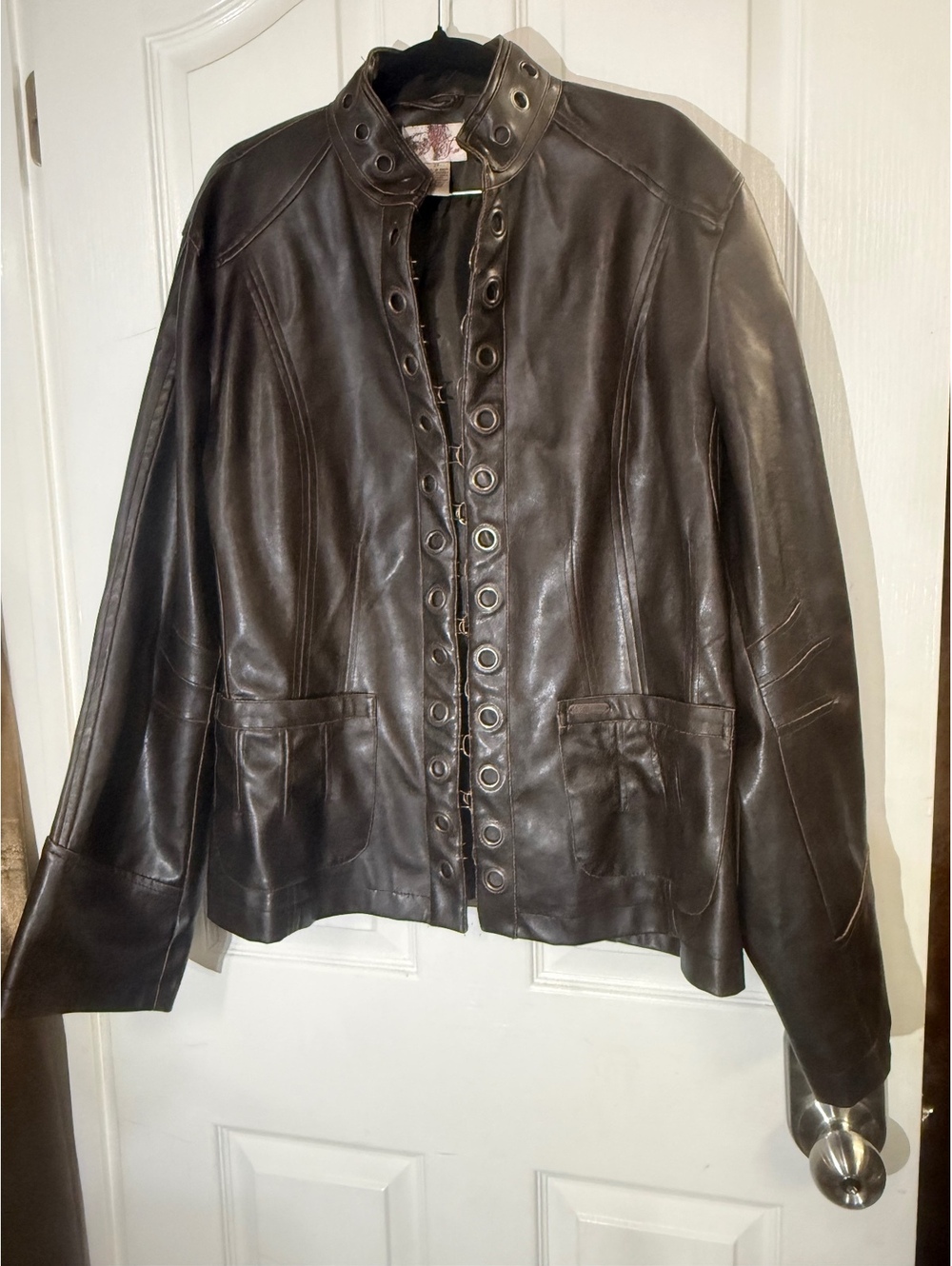 Mecca Femme Womens 3X Brown Faux Leather Jacket Grommet Hook Eye Whimsigoth Y2K
